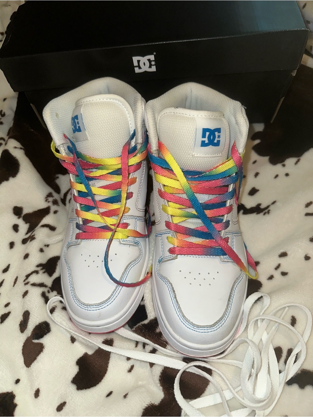 DC White Womens Sneakers with Rainbow Laces
